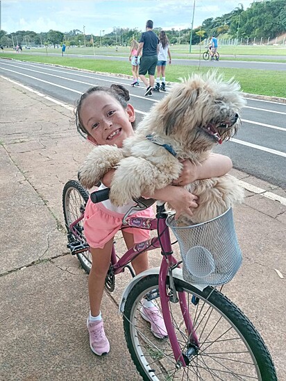 Gabriela and Bento, the Shih Tzu, riding a bike.