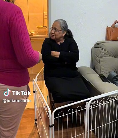 The grandmother who isn’t a big fan of dogs is inside the playpen to feel safe while still spending time with the family.